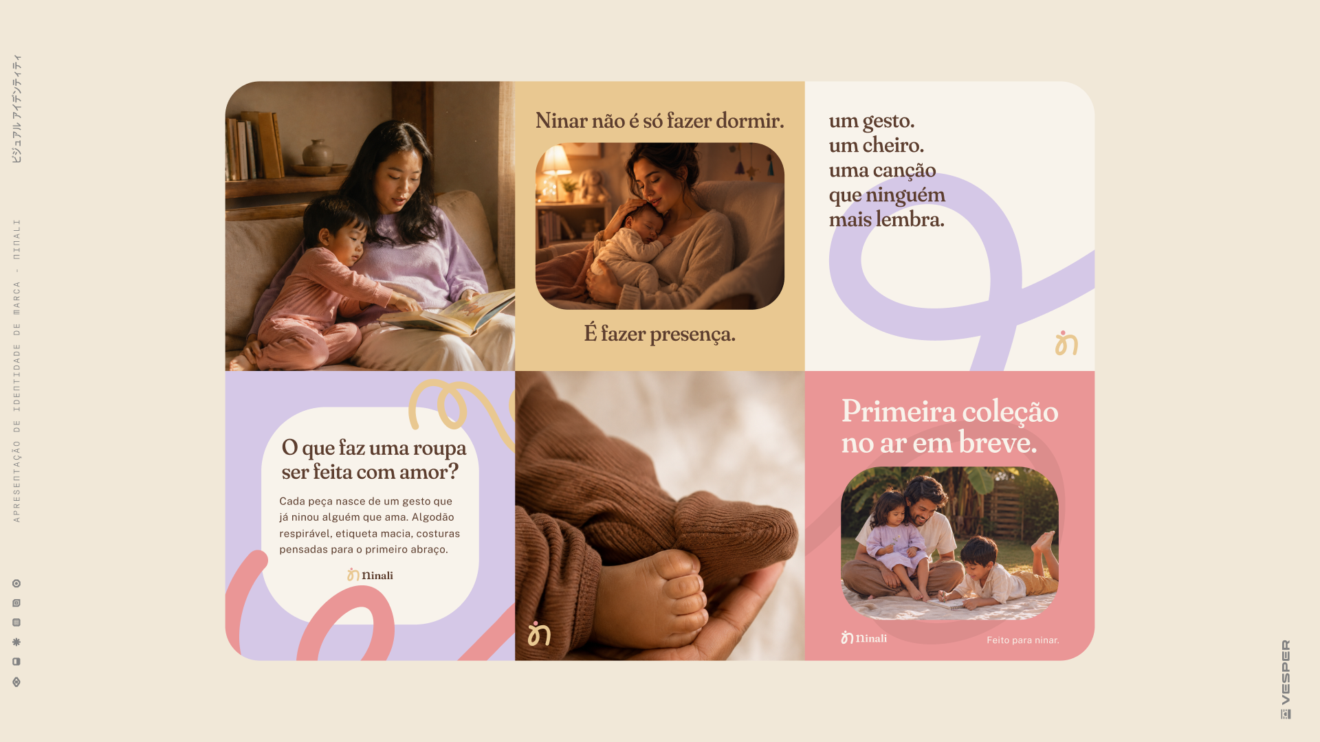 Apresentação da identidade de marca da Ninali, com fotos de mãe e bebê e a frase Feito para ninar