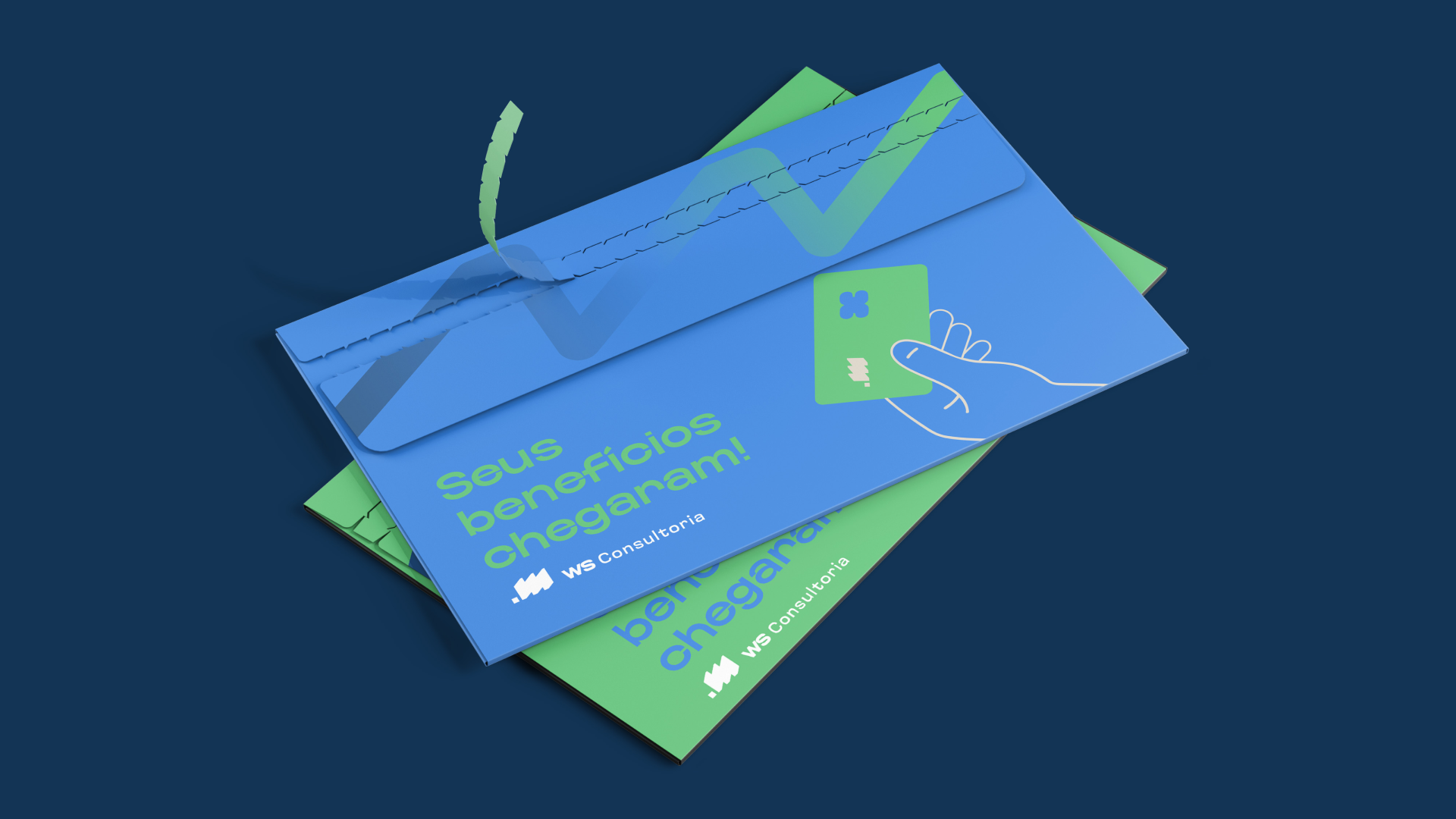 Envelope de boas-vindas da WS Consultoria com a mensagem Seus benefícios chegaram
